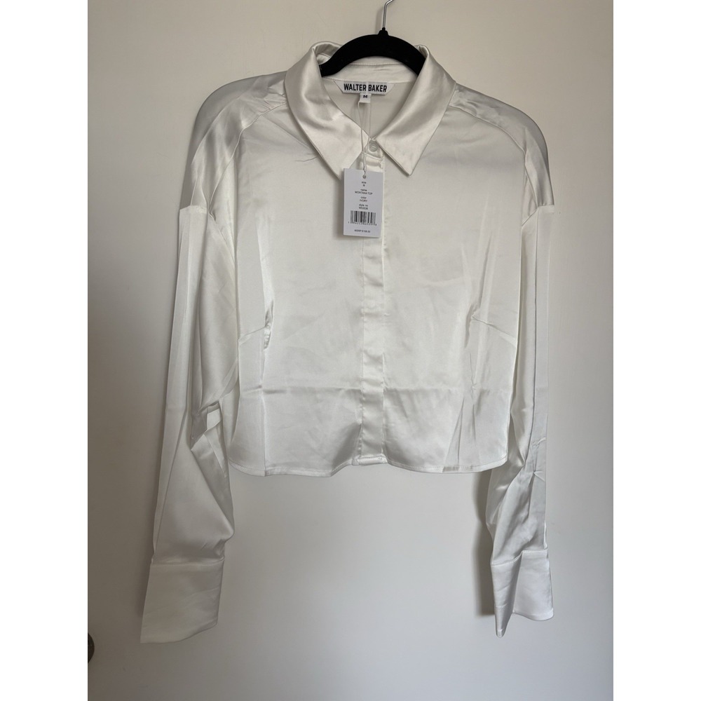 WALTER BAKER White Satin Long Sleeve Button Down Cuff Blouse Womens Medium NWT